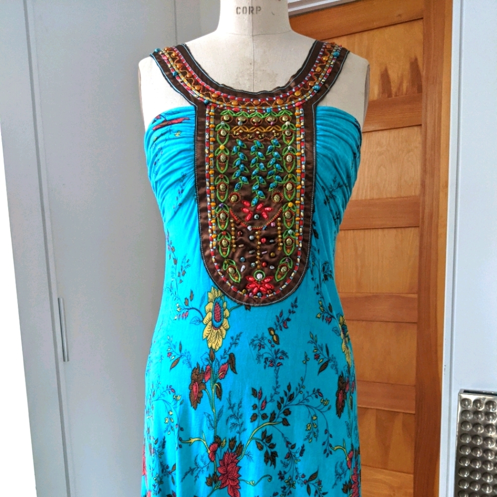 Bohemian peacock blue print dress -med
